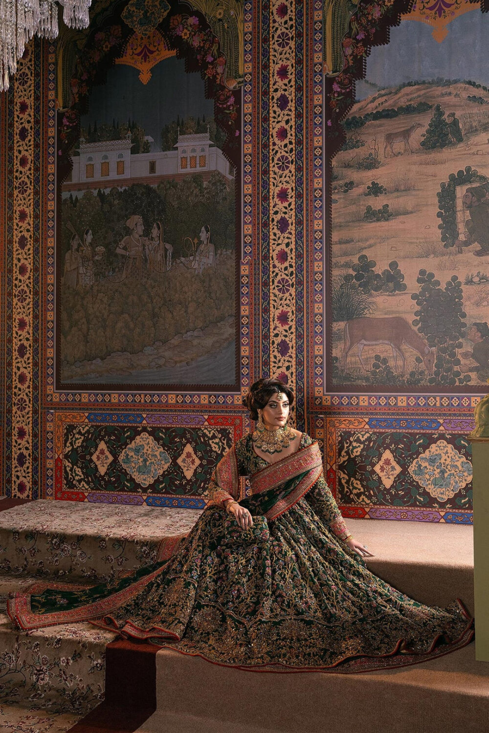 Green Pakistani Mehndi Dress in Pishwas Frock Style - Image 10