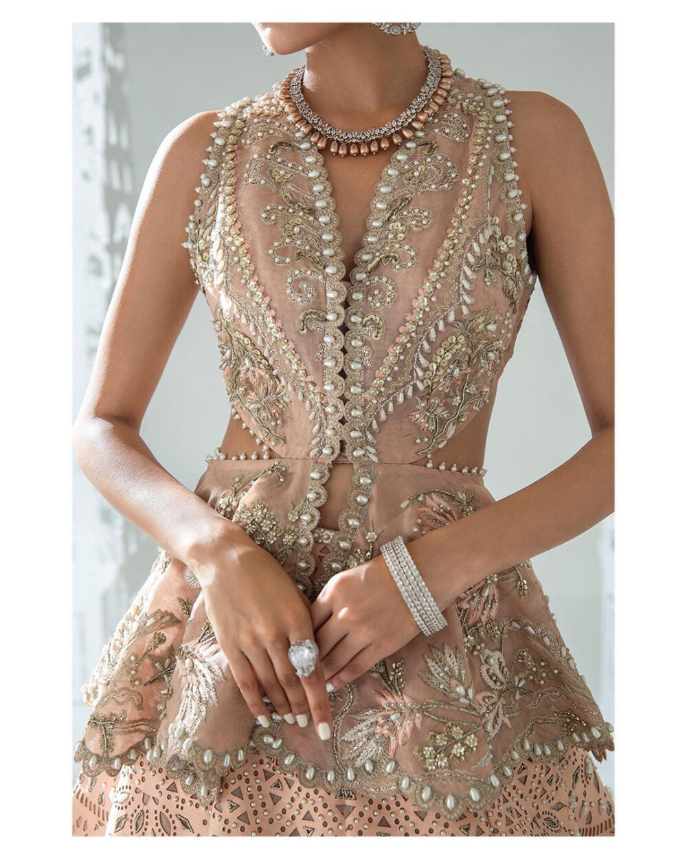 Embellished Indian Bridal Wear Peach Mermaid Lehenga - Image 3