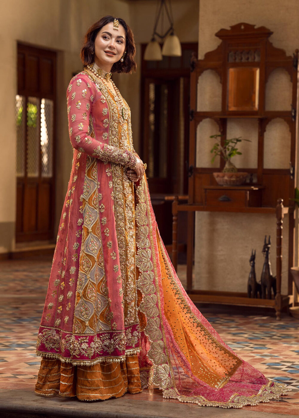 Pink Chiffon Kameez Frock Pakistani Mehndi Dresses - Image 4