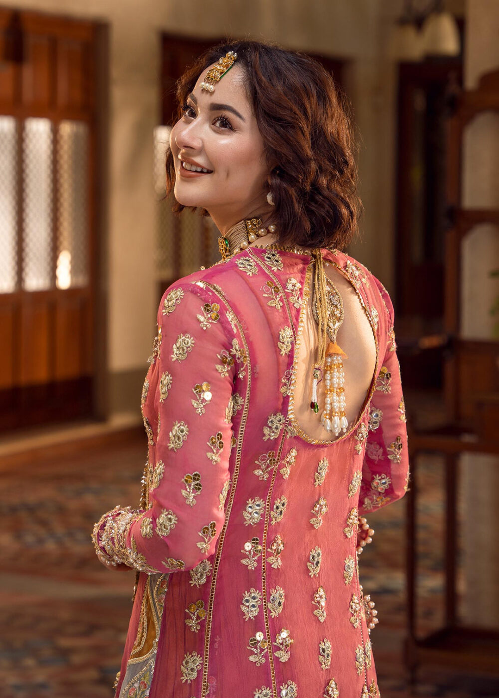 Pink Chiffon Kameez Frock Pakistani Mehndi Dresses - Image 3