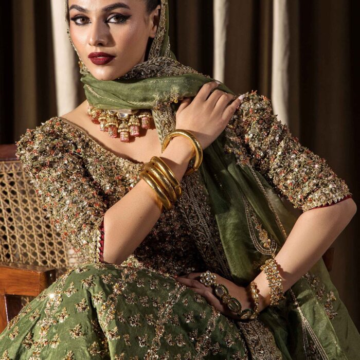 Green Lehenga Choli and Dupatta Pakistani Bridal Dress
