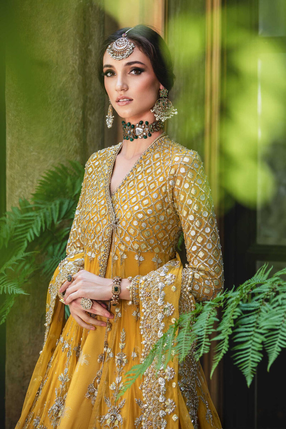 Pakistani Bridal Mehndi Dress in Angrakha Lehenga Style - Image 6