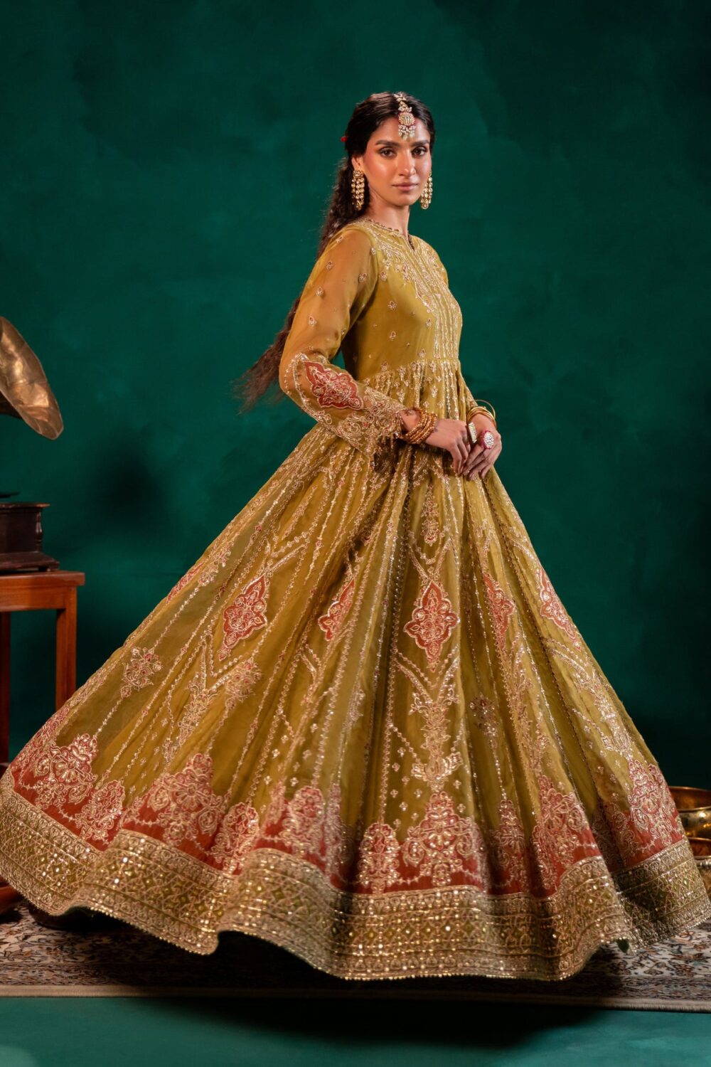 Pakistani Wedding Dress in Mustard Green Pishwas Style