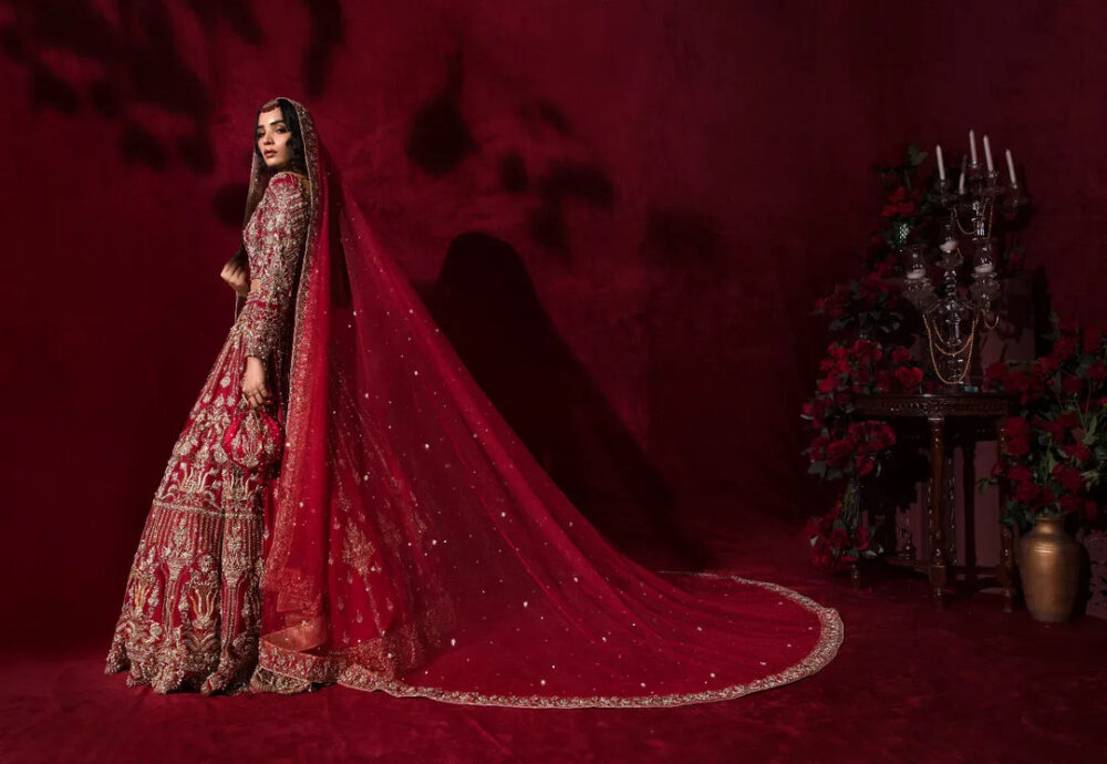 Red Bridal Lehenga Choli Dress in Premium Raw Silk - Image 3