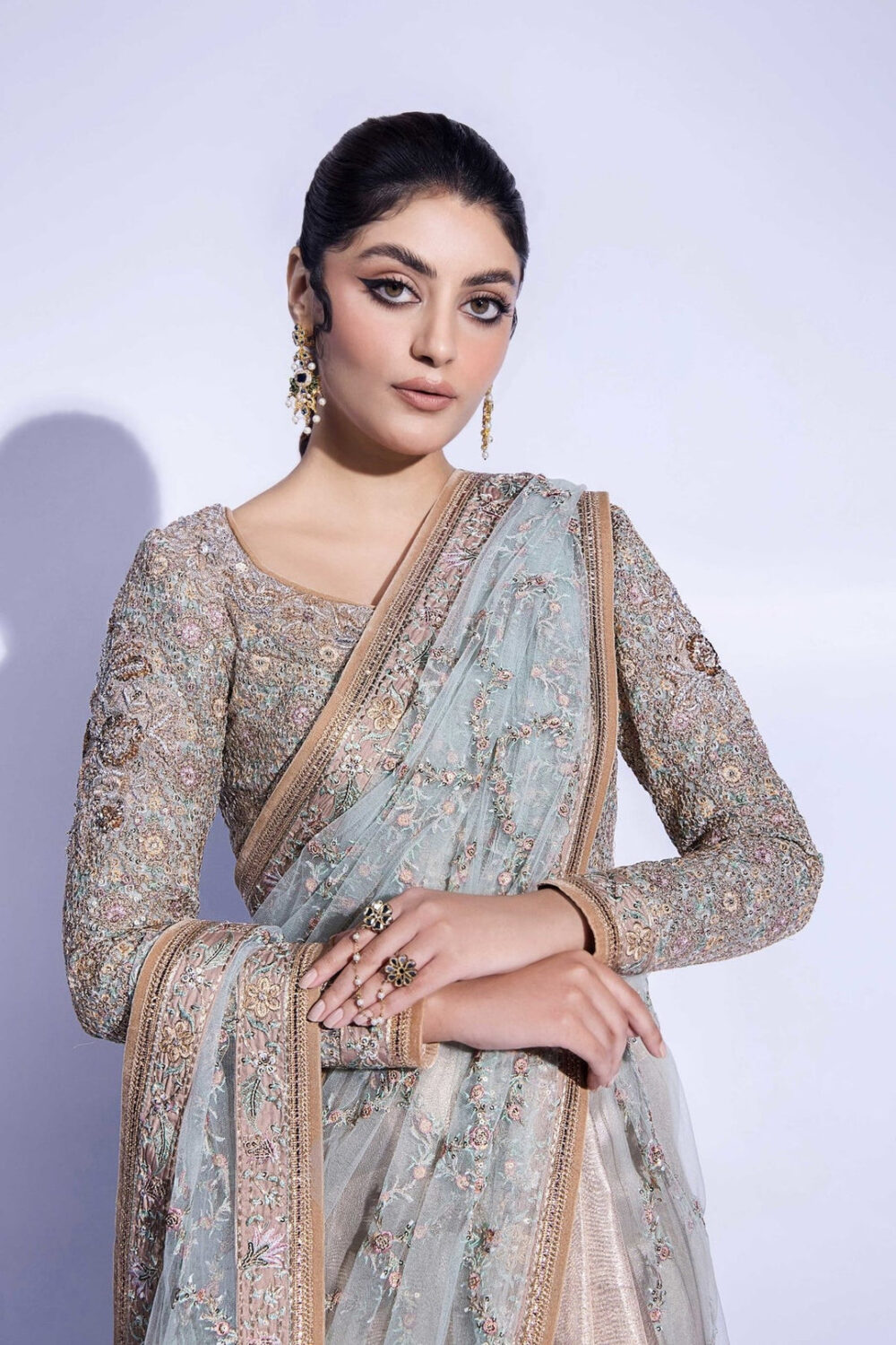Royal Bridal Wedding Dress in Embroidered Saree Style - Image 2