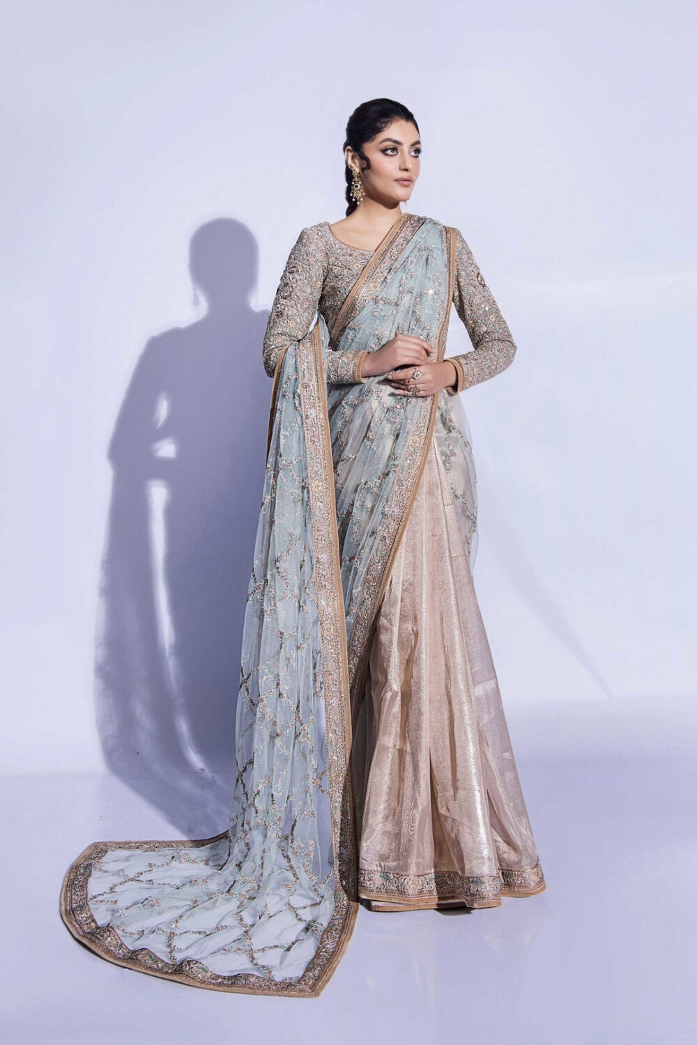 Royal Bridal Wedding Dress in Embroidered Saree Style - Image 3