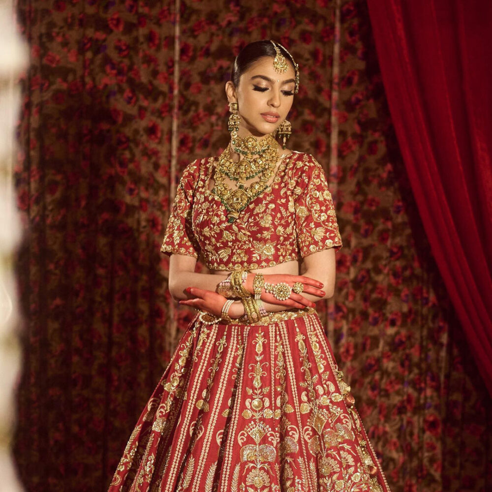 Embellished Red Lehenga with Choli Dress for Bride - Image 2
