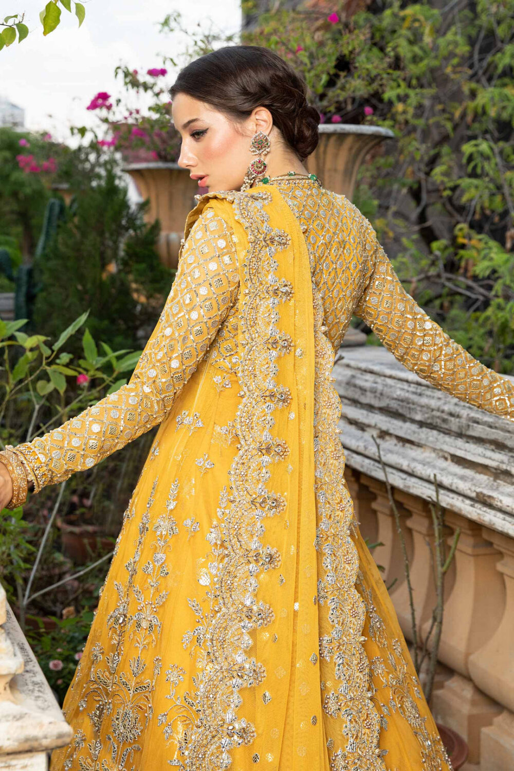 Pakistani Bridal Mehndi Dress in Angrakha Lehenga Style - Image 5