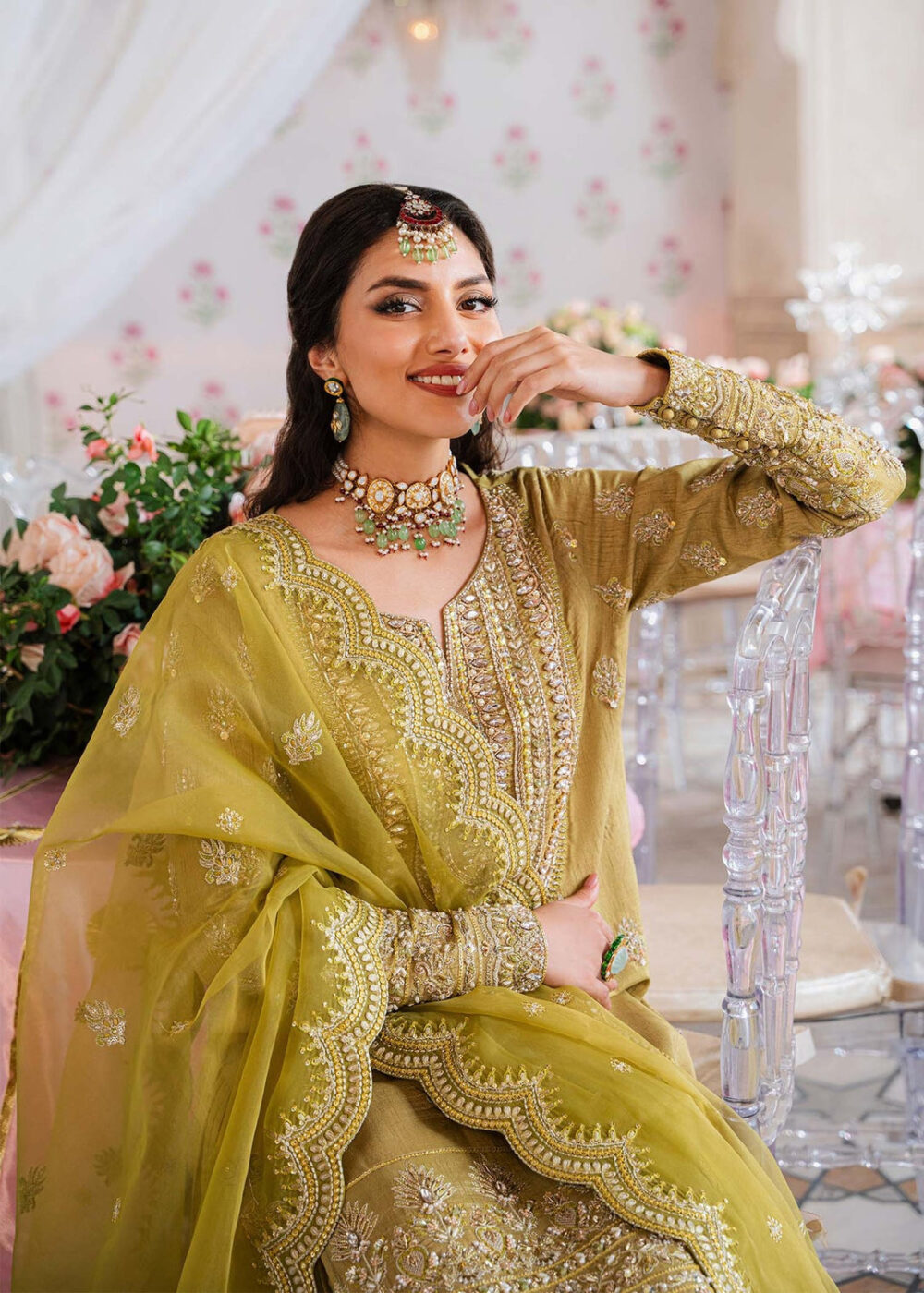 Royal Mehndi Green Embroidered Pakistani Sharara Kameez in Crushed Style - Image 6