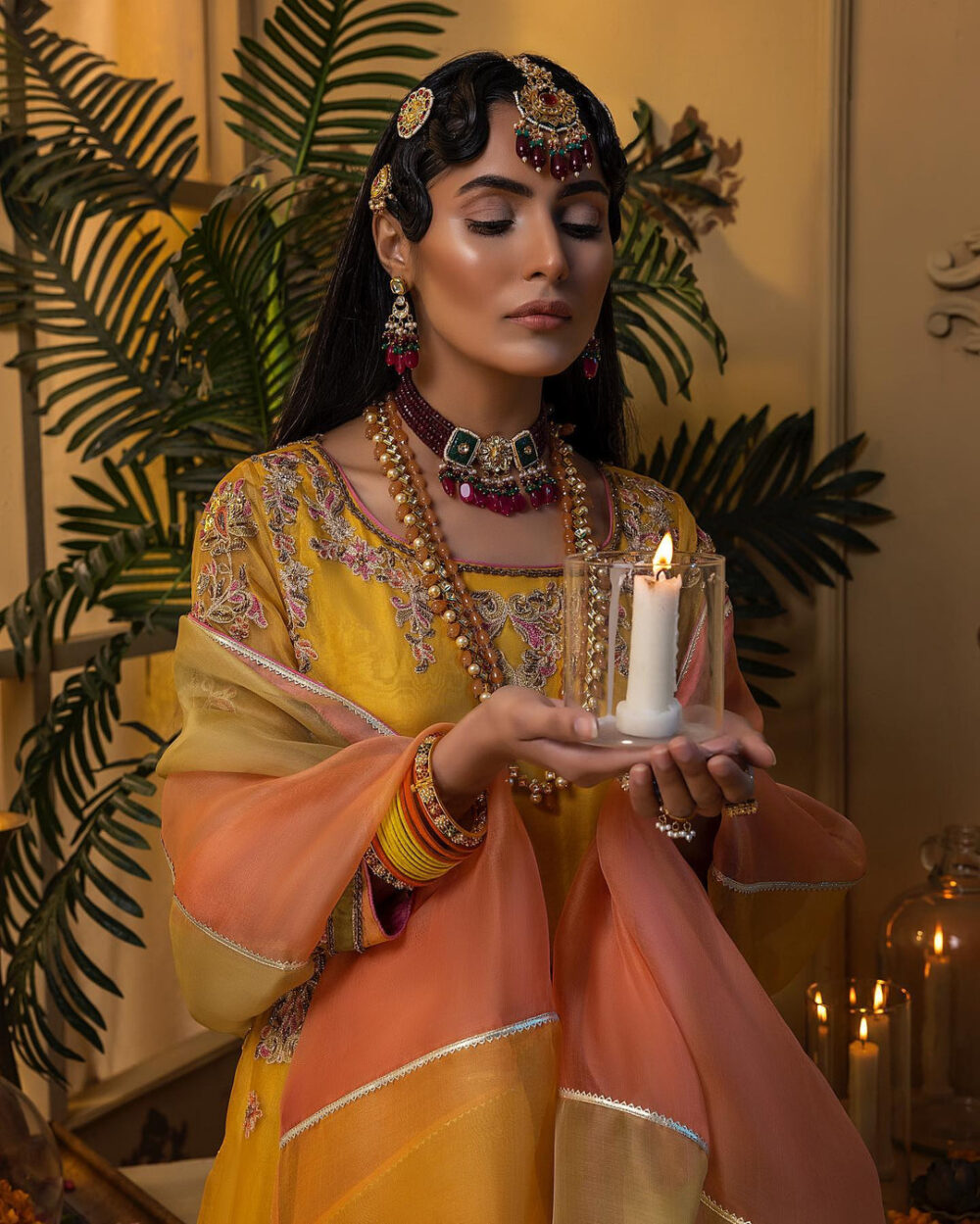 Bridal Lehenga and Pishwas Yellow Mehndi Dress #BS835 - Image 4
