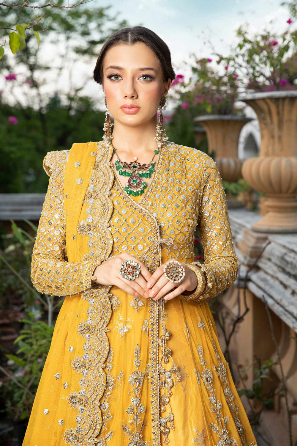 Pakistani Bridal Mehndi Dress in Angrakha Lehenga Style - Image 7