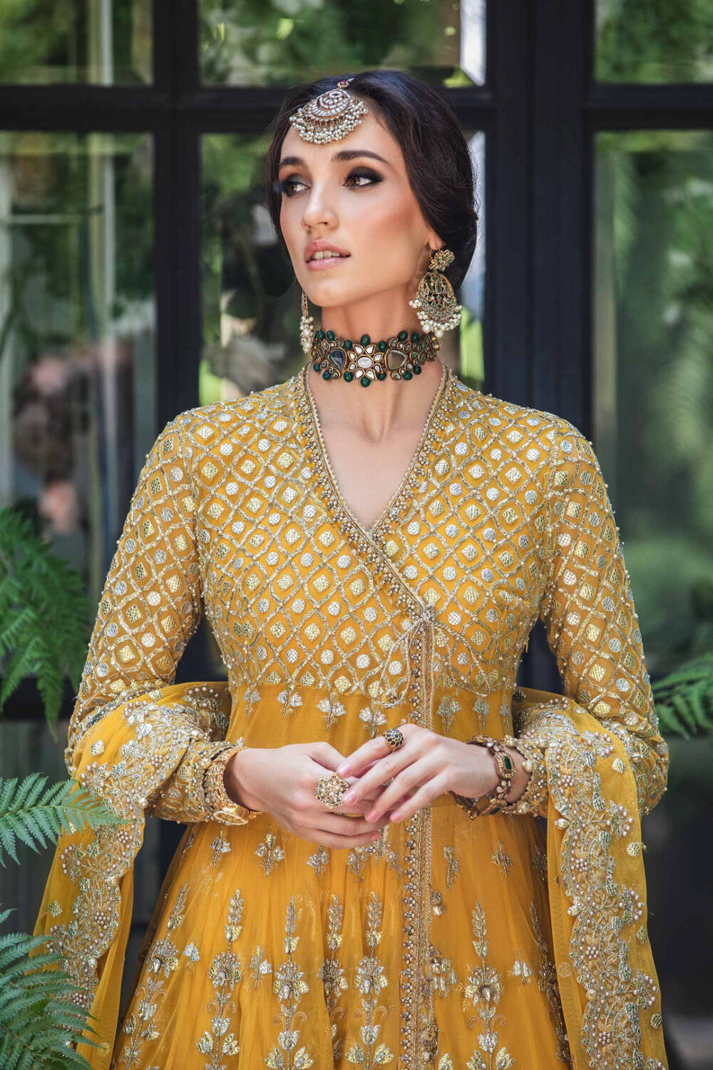 Pakistani Bridal Mehndi Dress in Angrakha Lehenga Style - Image 10